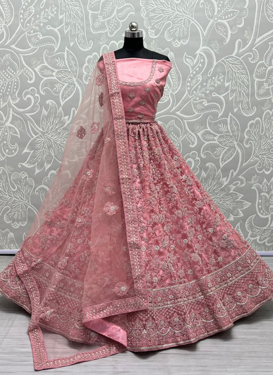 Fantastic Net Embroidered Designer Partywear Pink Lehengacholi