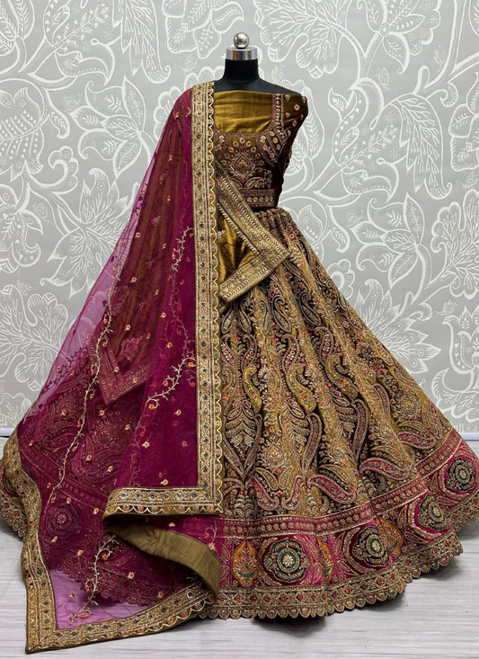 Fabulously Crafted Pastel Velvet Designed Fancy Embroidered Bridal Golden Lehengacholi with Double Dupatta