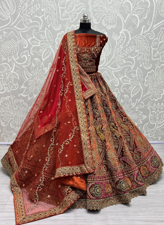 Fabulously Crafted Pastel Velvet Designed Fancy Embroidered Bridal Lehengacholi with Double Dupatta