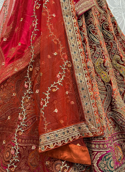 Fabulously Crafted Pastel Velvet Designed Fancy Embroidered Bridal Lehengacholi with Double Dupatta