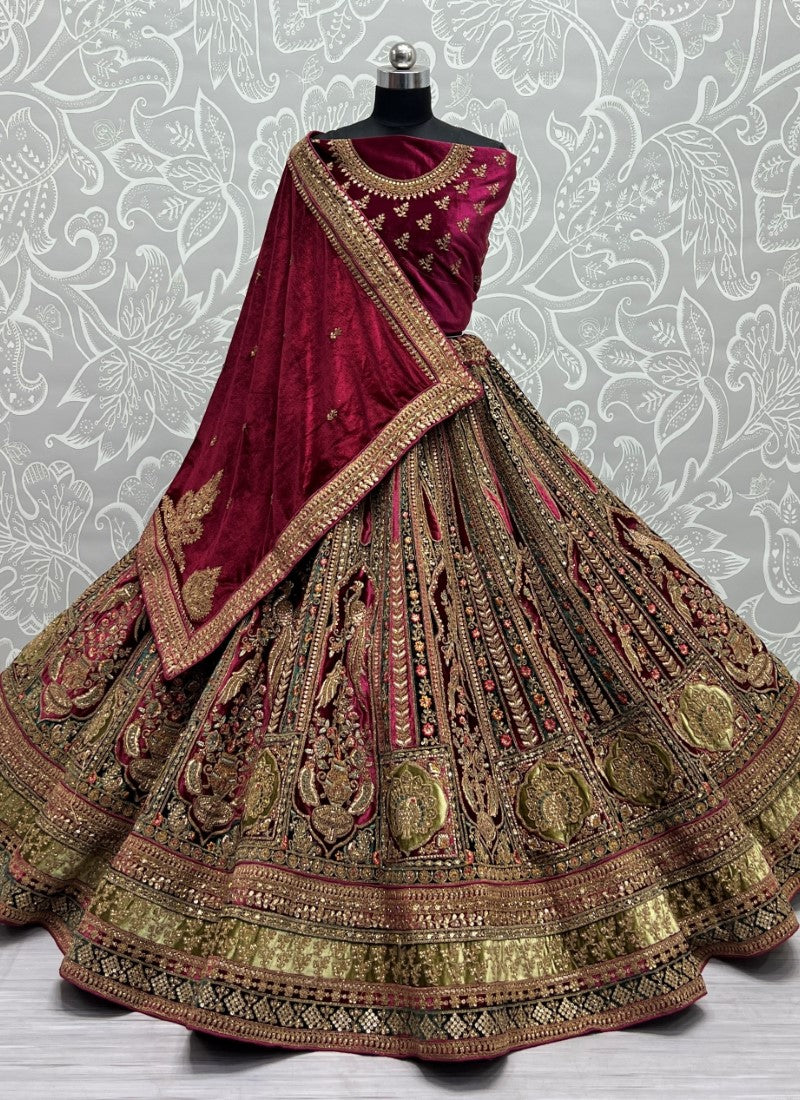 Fancy Velvet Patch and Designed Embroidery of Sequins and Thread Work Flaired Bridal Rani Pink Lehengacholi