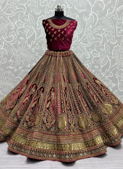 Fancy Velvet Patch and Designed Embroidery of Sequins and Thread Work Flaired Bridal Rani Pink Lehengacholi