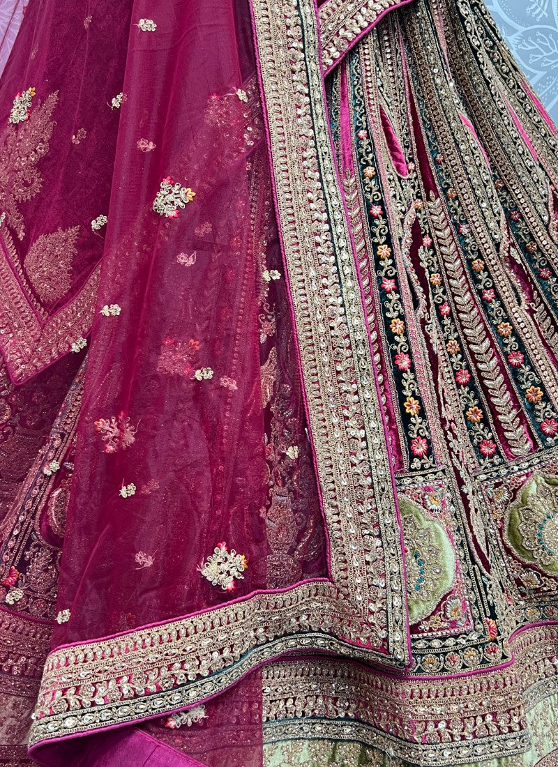 Fancy Velvet Patch and Designed Embroidery of Sequins and Thread Work Flaired Bridal Rani Pink Lehengacholi