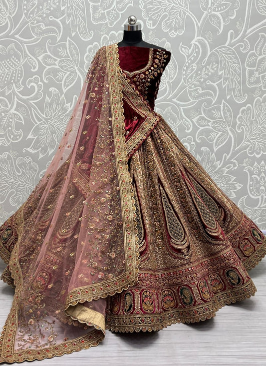 Five Meter Plus Flaired Bridal Maroon Lehenga Fancy embroidery with Double Dupatta