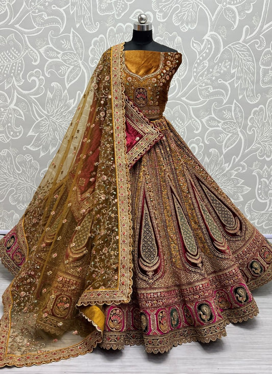 Five Meter Plus Flaired Bridal Mustard Lehenga Fancy embroidery with Double Dupatta
