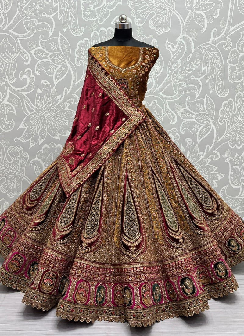 Five Meter Plus Flaired Bridal Mustard Lehenga Fancy embroidery with Double Dupatta