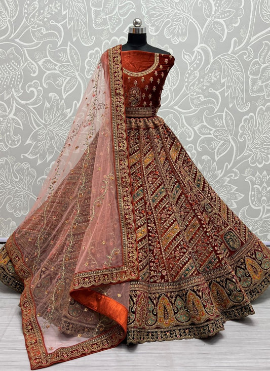 Designer Embroidered handwork Look Exclusive Bridal Brownest Orange Lehengacholi