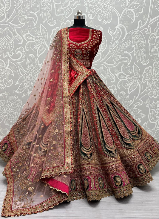 Fabulous Heavy Embroidery Patch Work and fancy Embroidered Bridal Red Lehengacholi