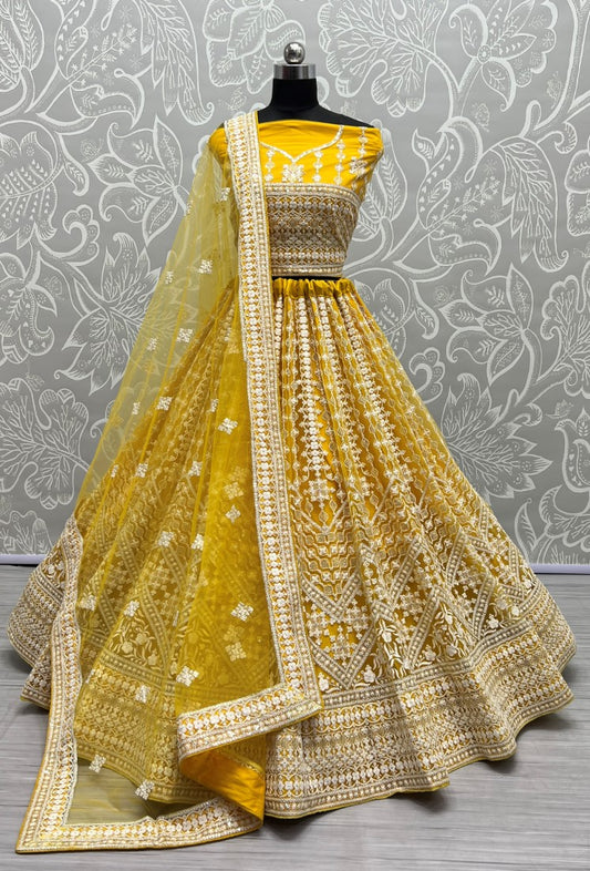 Thread and Sequins work Designer Party Wear Yellow Lehengacholi