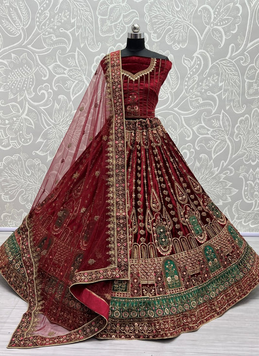 Velvet patch embroidered Maroon Lehengacholi