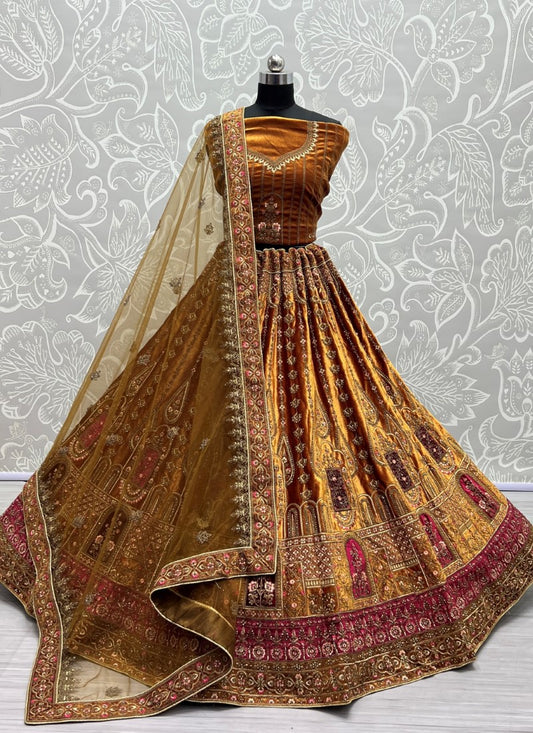 Velvet patch embroidered Mustard Lehengacholi