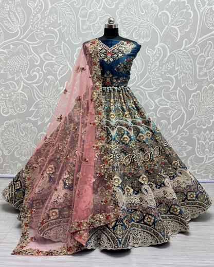 Padded Velvet Designer Lehengacholi In Morpich Blue