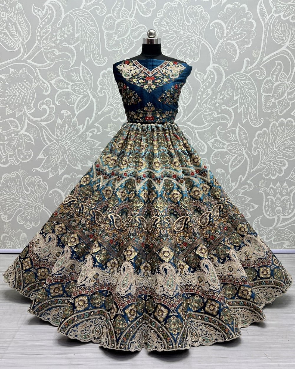 Padded Velvet Designer Lehengacholi In Morpich Blue