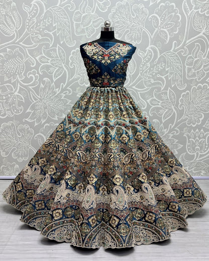 Padded Velvet Designer Lehengacholi In Morpich Blue