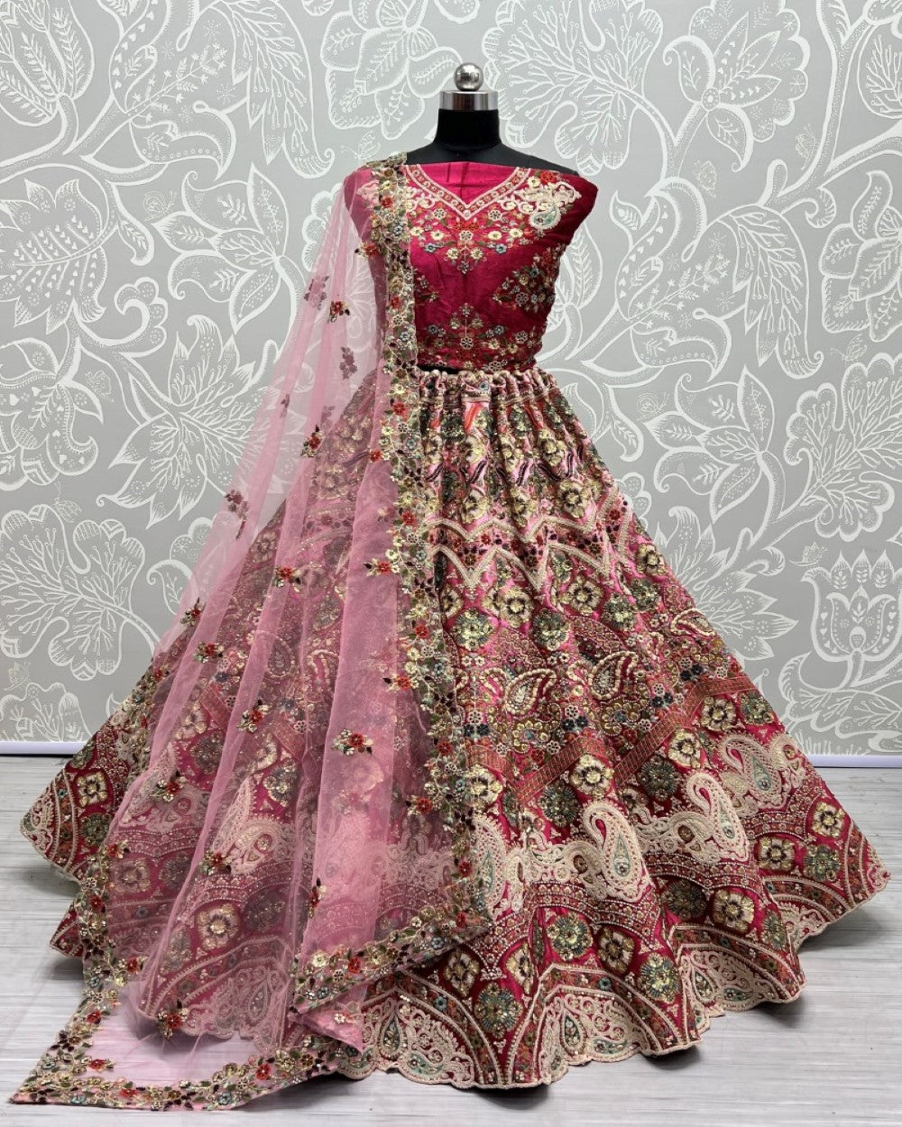 Fabulous Embroidered Pink Padded Bridal Lehengacholi