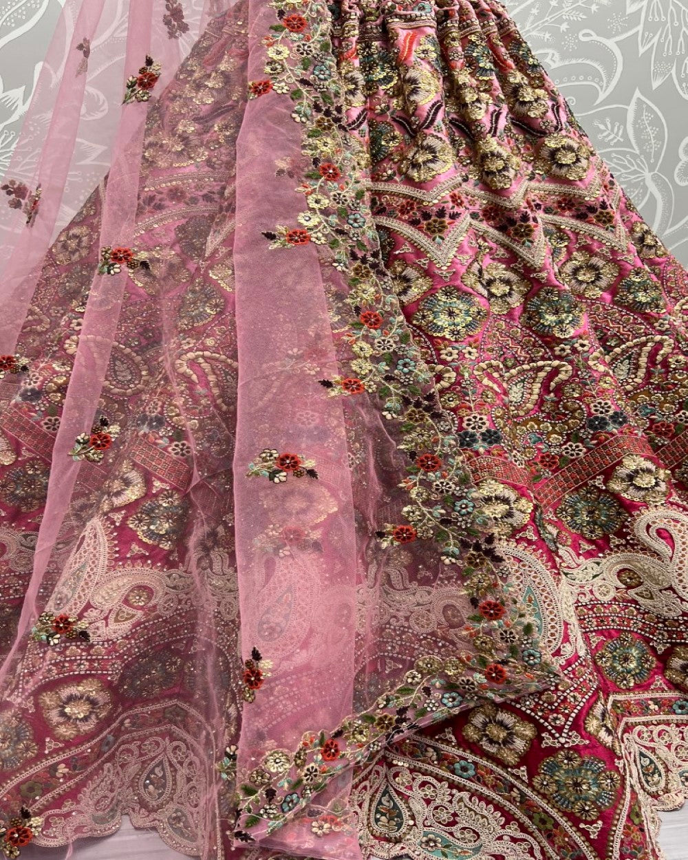 Fabulous Embroidered Pink Padded Bridal Lehengacholi