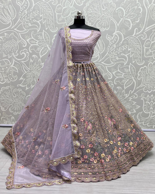 Fancy Embroidery of sequins and Zari Net Partywear Lavender Lehengacholi