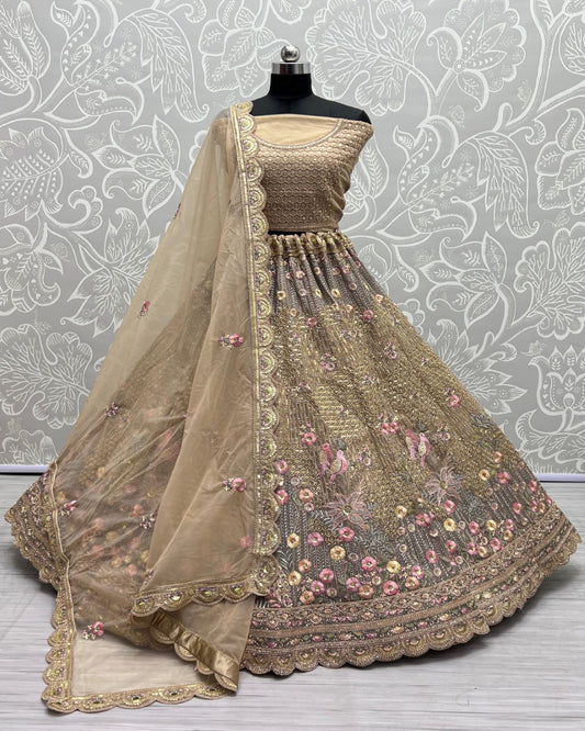 Fancy Embroidery of sequins and Zari Net Chickoo Lehengacholi