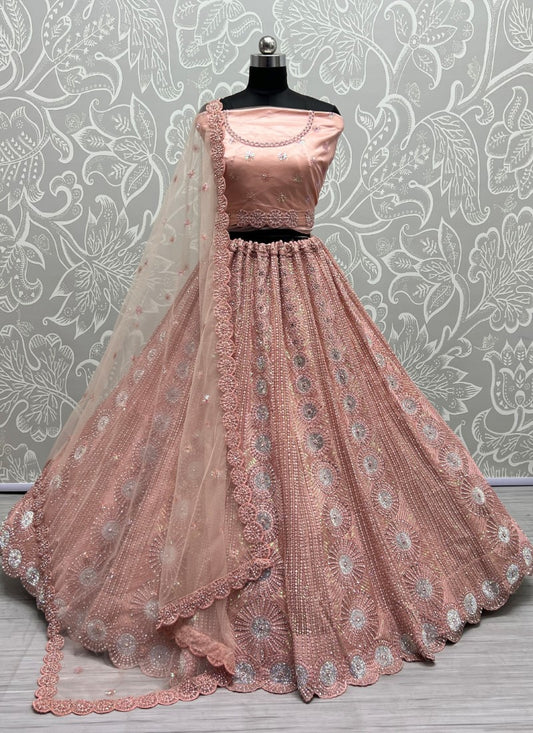 Full of zircon and sequins embroidered partywear Peach Lehengacholi