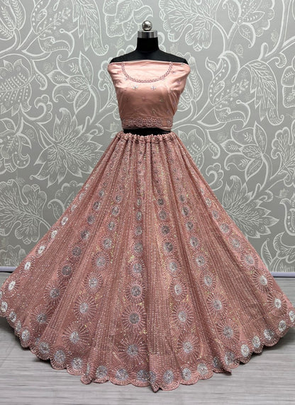 Full of zircon and sequins embroidered partywear Peach Lehengacholi