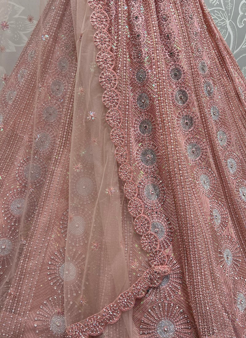 Full of zircon and sequins embroidered partywear Peach Lehengacholi