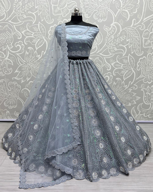 Grey embroidered partywear Lehengacholi