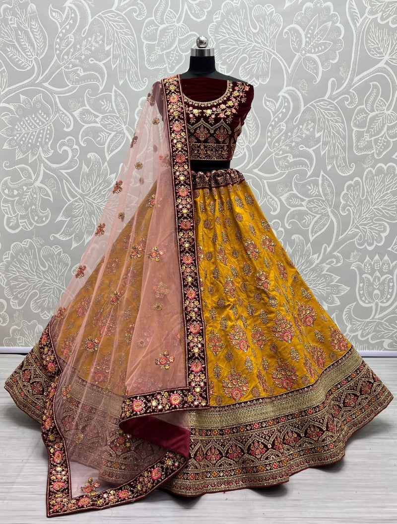 Golden Velvet Attached Multi Embroidered Lehengacholi