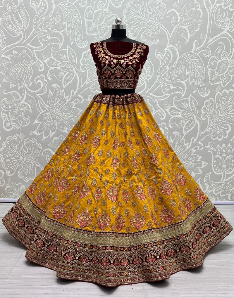 Golden Velvet Attached Multi Embroidered Lehengacholi