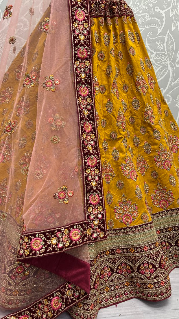 Golden Velvet Attached Multi Embroidered Lehengacholi