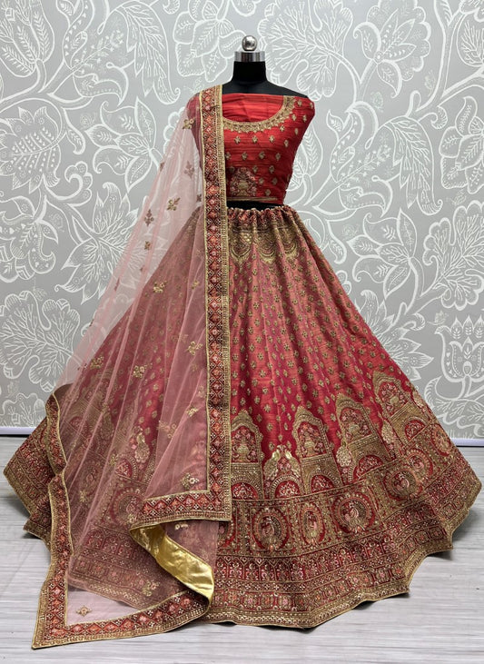 Red Bridal shaded Net Metallic Embroidered Party wear Lehengacholi
