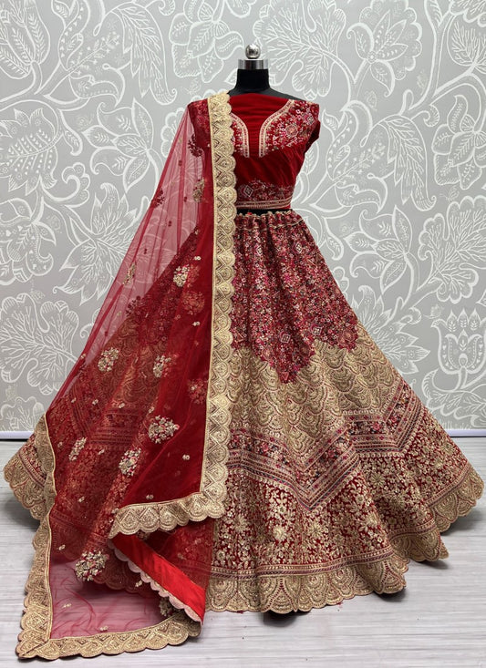 Neatly crafted Thread embroidery with Dori work bridal Red Lehengacholi