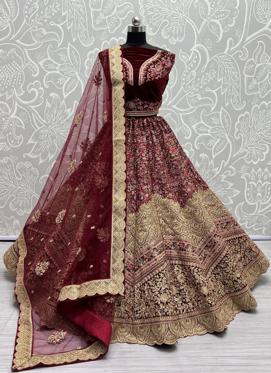 Neatly crafted Thread embroidery with Dori work bridal Maroon Lehengacholi