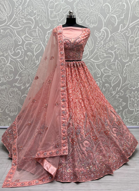 Very Well Detailed Embroidery Partywear Pink Lehengacholi