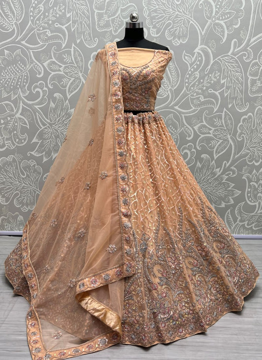 Very Well Detailed Embroidery Partywear Peach Lehengacholi