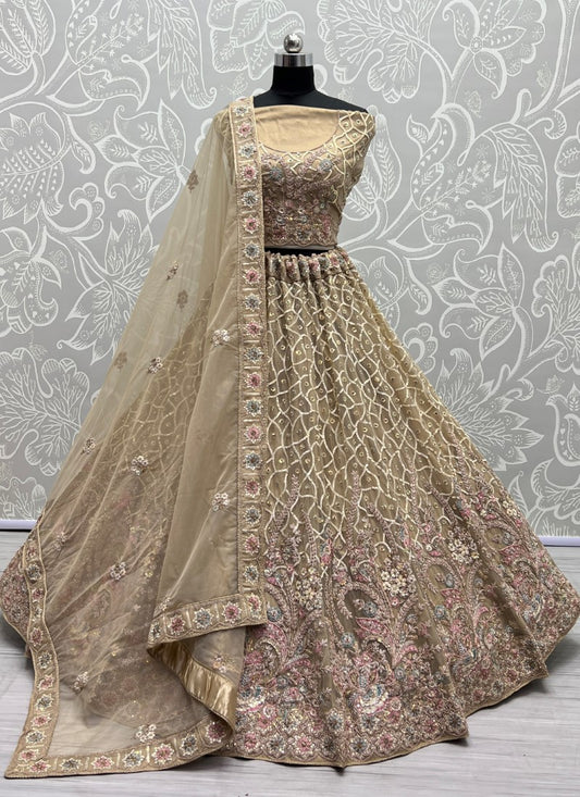 Very Well Detailed Embroidery Partywear Golden Lehengacholi