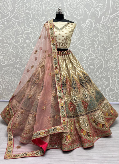 Multi Color Peacock Embroidered Designer Silk Lehengacholi Beige