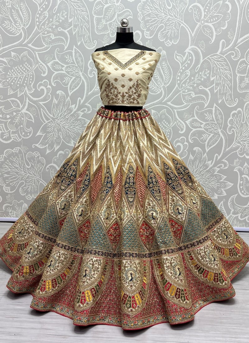 Multi Color Peacock Embroidered Designer Silk Lehengacholi Beige