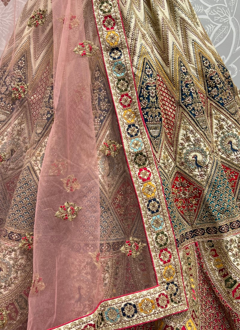 Multi Color Peacock Embroidered Designer Silk Lehengacholi Beige