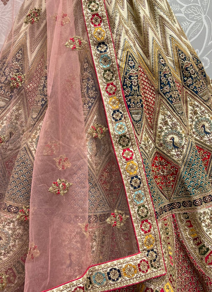 Multi Color Peacock Embroidered Designer Silk Lehengacholi Beige