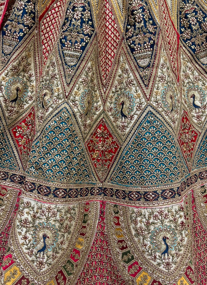 Multi Color Peacock Embroidered Designer Silk Lehengacholi Beige