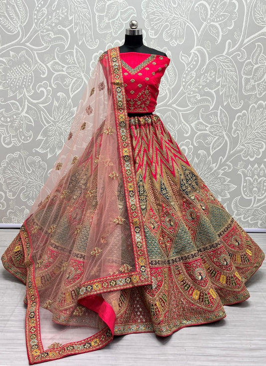 Multi Color Peacock Embroidered Designer Silk Lehengacholi Pink