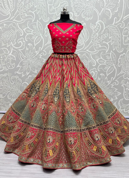 Multi Color Peacock Embroidered Designer Silk Lehengacholi Pink