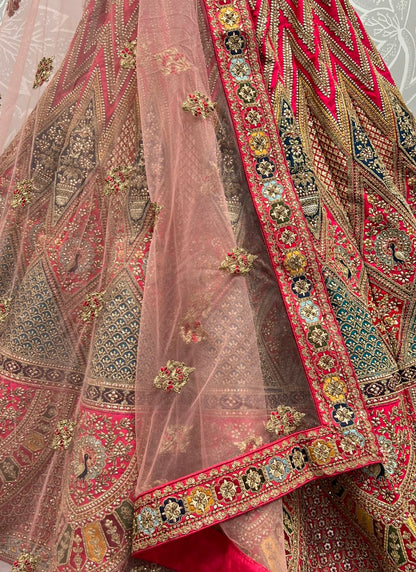 Multi Color Peacock Embroidered Designer Silk Lehengacholi Pink