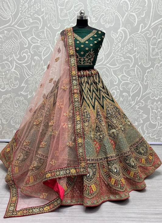 Multi Color Peacock Embroidered Designer Silk Lehengacholi Green