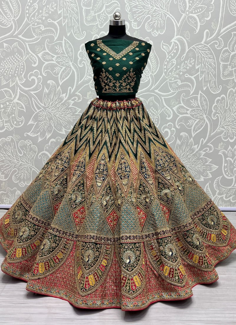 Multi Color Peacock Embroidered Designer Silk Lehengacholi Green