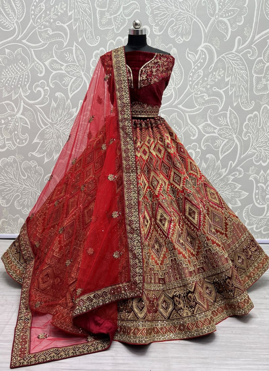 Silk Hand Mirror Crafted Multi Thread Embroidered Semi Bridal Maroon Lehengacholi