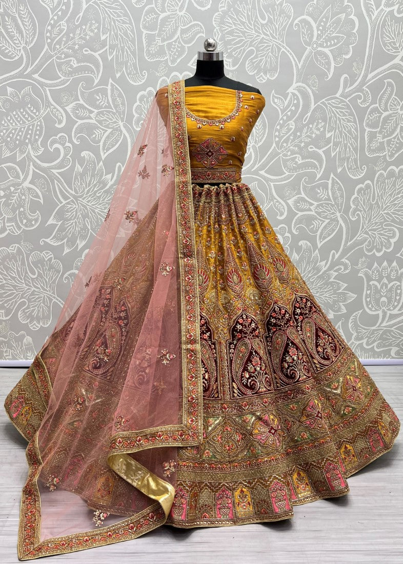 Bridal Net Crafted Beautiful Color Range Wedding wear Lehengacholi Golden