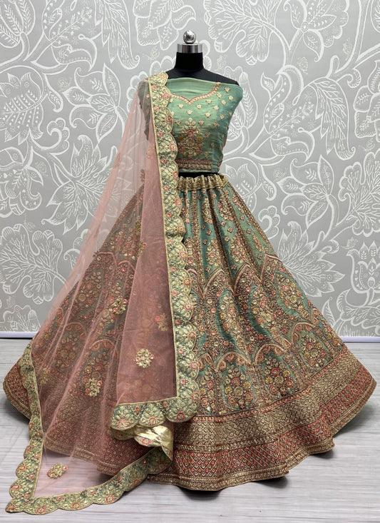 Dori Embroidered Bridla Net Crafted Designer Partywear Pista Lehengacholi