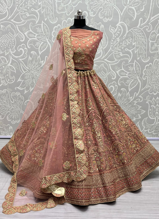 Dori Embroidered Bridla Net Crafted Designer Partywear Peach Lehengacholi