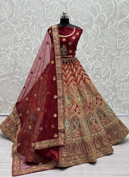 Silk Mor Embroidered Heavy Maroon Lehengacholi